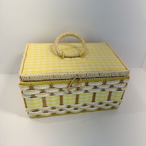 Vintage JCPenney MCM Sewing Basket With Yellow Gingham Lid & Handle Retro Craft
