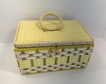 Vintage JCPenney MCM Sewing Basket With Yellow Gingham Lid & Handle Retro Craft