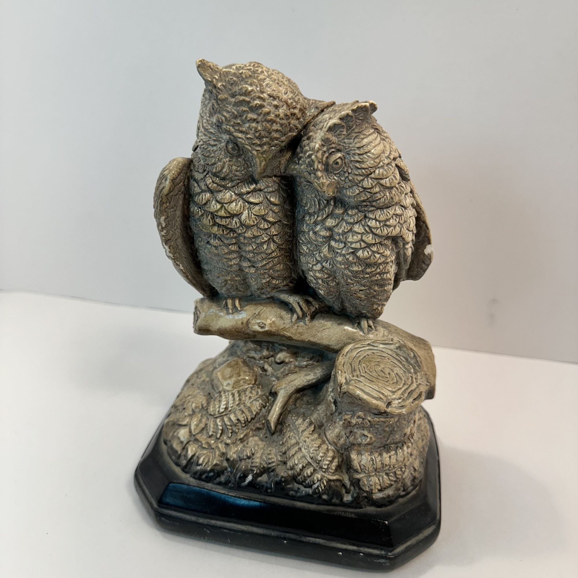 Vintage Owl Couple Resin Sculpture On Wooden Base Owl Lover MCM Decor