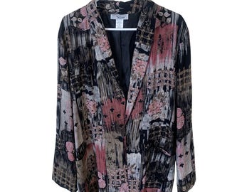 Vtg Womens Floral Abstract Blazer Jacket Large Rayon USA Kensington Square 90s
