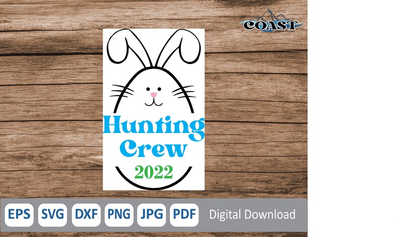May include: A white Easter egg with a black outline and bunny ears. The egg has a pink nose and black whiskers. The text "Hunting Crew 2022" is written in blue and green letters.