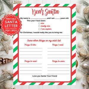 Brief an Santa druckbar, Kinderbrief an Santa, Kinderweihnachtswunschliste, lieber Weihnachtsbrief, druckbar, Weihnachtsvorlage, einfach zu drucken