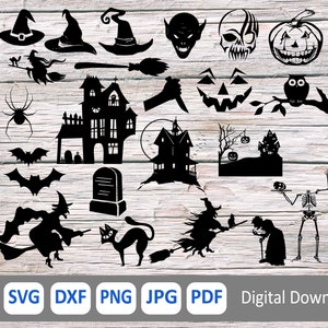 Halloween SVG Bundle, Halloween SVG, Herbst SVG, Hexe, Kürbis, Skelett, Skelett, Fledermaus, Spukhaus, Cricut geschnitten, Silhouette