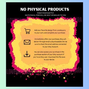 K&ouml;nnte beinhalten: Werbung f&uuml;r ein digitales Produkt mit schwarzem Hintergrund und einem leuchtenden gelb-rosa Design. Der Text enth&auml;lt "NO PHYSICAL PRODUCTS" und Anweisungen zum Herunterladen nach dem Kauf. Symbole f&uuml;r einen Einkaufswagen, einen Umschlag und einen Download-Pfeil sind ebenfalls vorhanden.