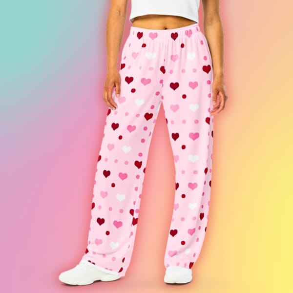 Pink Hearts Pattern PJ Pants, Comfy Lounge Pants, Wide-Leg PJ Pants with Pink Hearts, Plus Size Relaxed Fit Pants, All Over Print PJ Bottoms