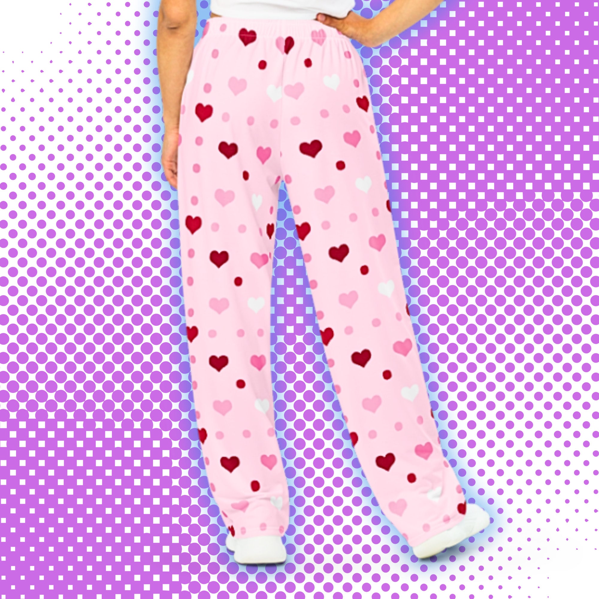 Pink Hearts Pattern PJ Pants, Comfy Lounge Pants, Wide-leg PJ Pants