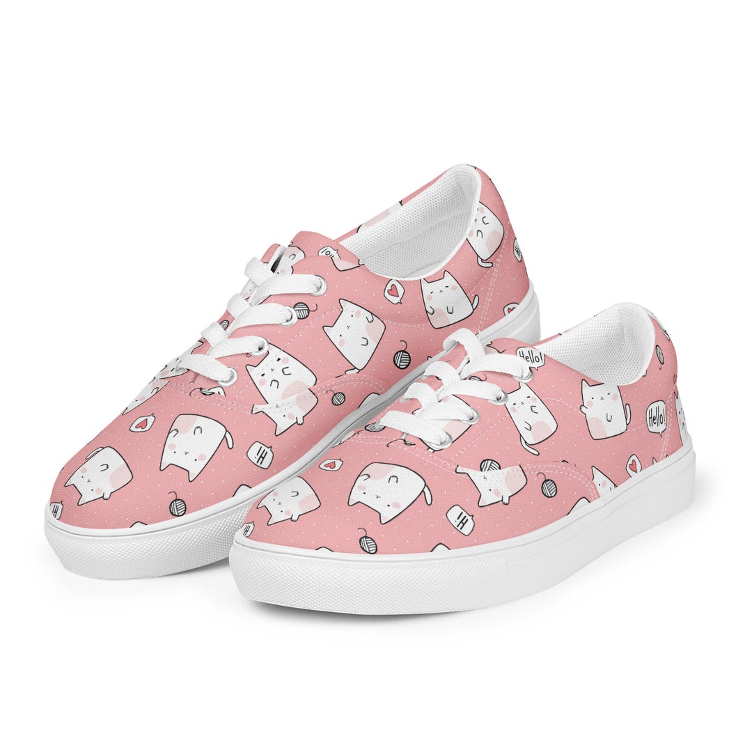 Teen Girl's Funny Cat Laceup Canvas Shoes, Kawaii Cat Canvas Shoes
