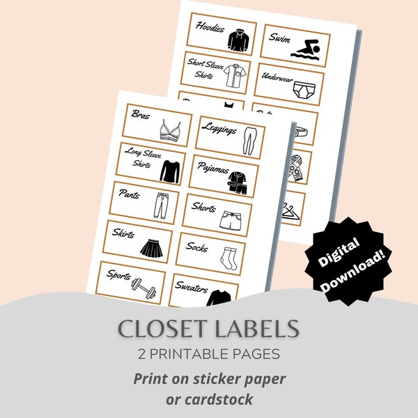Closet Organization Printable Labels, Digital Printable Labels for Home, Closet Digital Labels