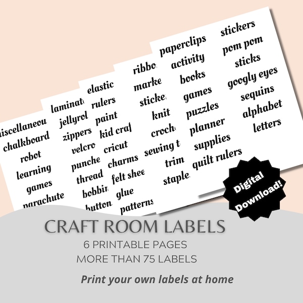 Craft room storage organization printable labels, printable labels for home, craft room labels file