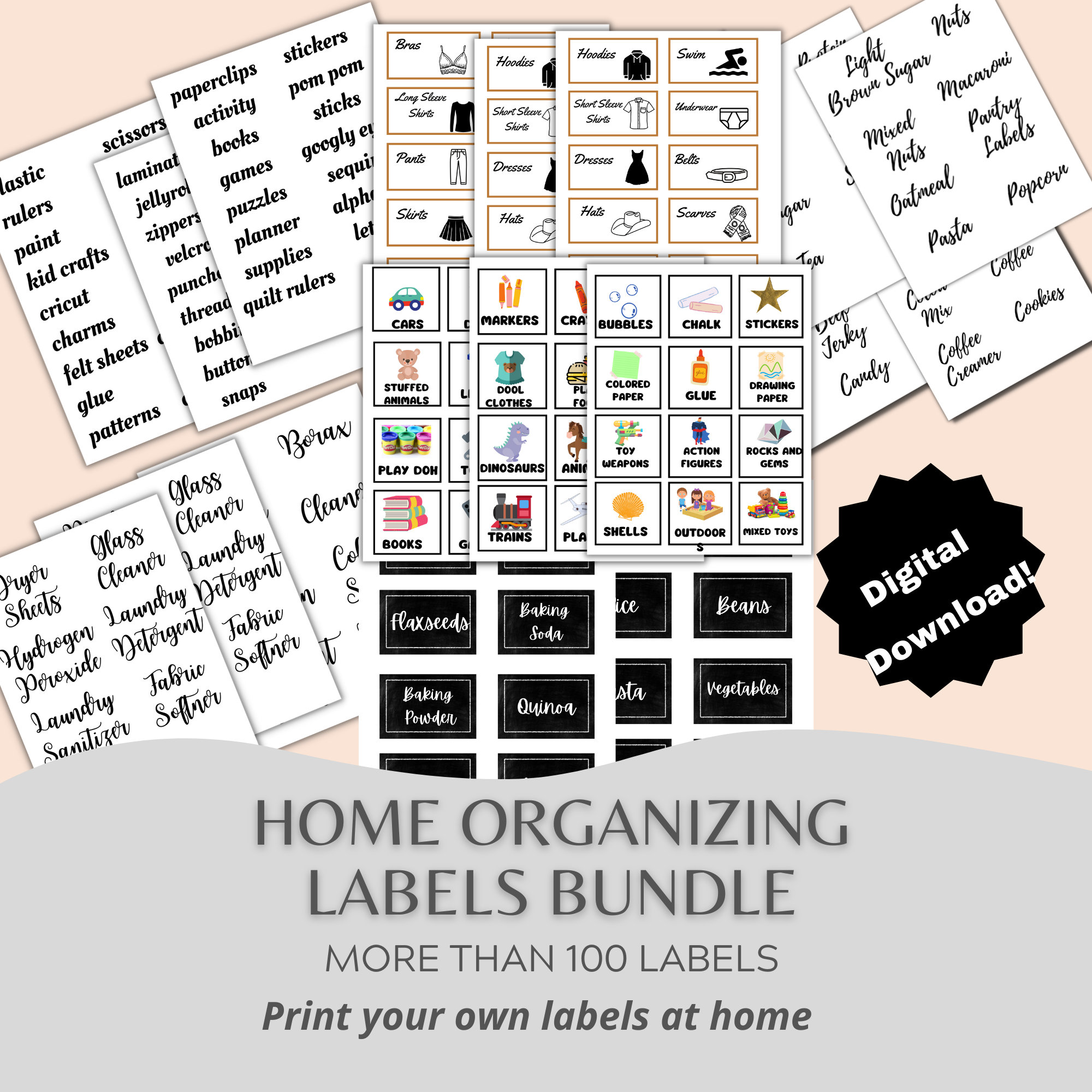 Home Organizing Printable Labels Bundle, Digital Printable Labels for Home, Home Organization ...