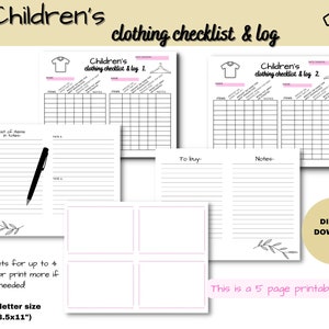 Sistema de organización de hojas de registro de ropa imprimible, registro de ropa para niños, etiquetas de totalizador, hoja de cálculo de ropa, descarga digital, tamaño de carta de EE. UU.