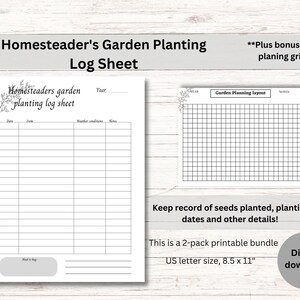 Hoja de registro de plantación de jardines de Homesteader, planificador de jardines, cuadrícula de planificación adicional, paquete imprimible de 2 paquetes, hoja de registro de jardín, tamaño de carta de EE. UU.