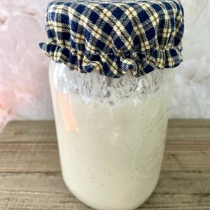 May include: A clear glass jar filled with a creamy, off-white substance, topped with a blue and tan plaid fabric cover. The jar sits on a wooden surface, with a light-colored background.