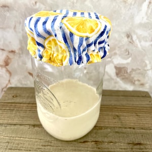 May include: A glass jar with a white liquid inside, covered with a fabric lid with a lemon print. The lid is blue and white striped with yellow lemons.