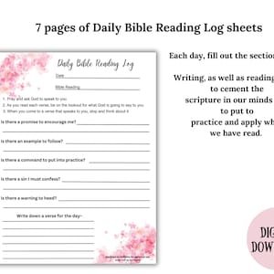 Może przedstawiać: Drukowana codzienna karta dziennika czytania Biblii z r&oacute;żowym wzorem kwiatowym. Karta zawiera sekcje na datę, czytanie Biblii i pytania do refleksji. Tekst "Daily Bible Reading Log" znajduje się na g&oacute;rze karty.