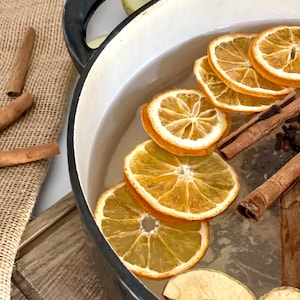 May include: A black and white enamel pot filled with water, orange slices, cinnamon sticks, cloves, and apple slices. The pot sits on a wooden cutting board next to a burlap sack. The ingredients suggest a warm, spiced beverage or potpourri.