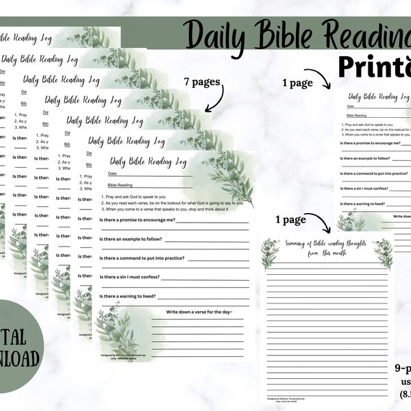 Bible reading log, Bible journaling notepad, Bible study notes, Bible reading planner, Daily Bible reading notes, digital download,