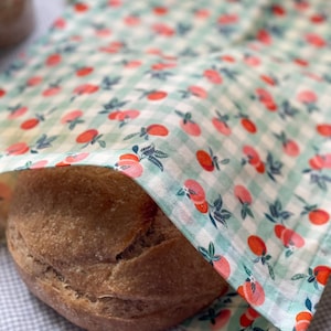 Beeswax bread bag, Sourdough bread bag, Gingham peach design, large