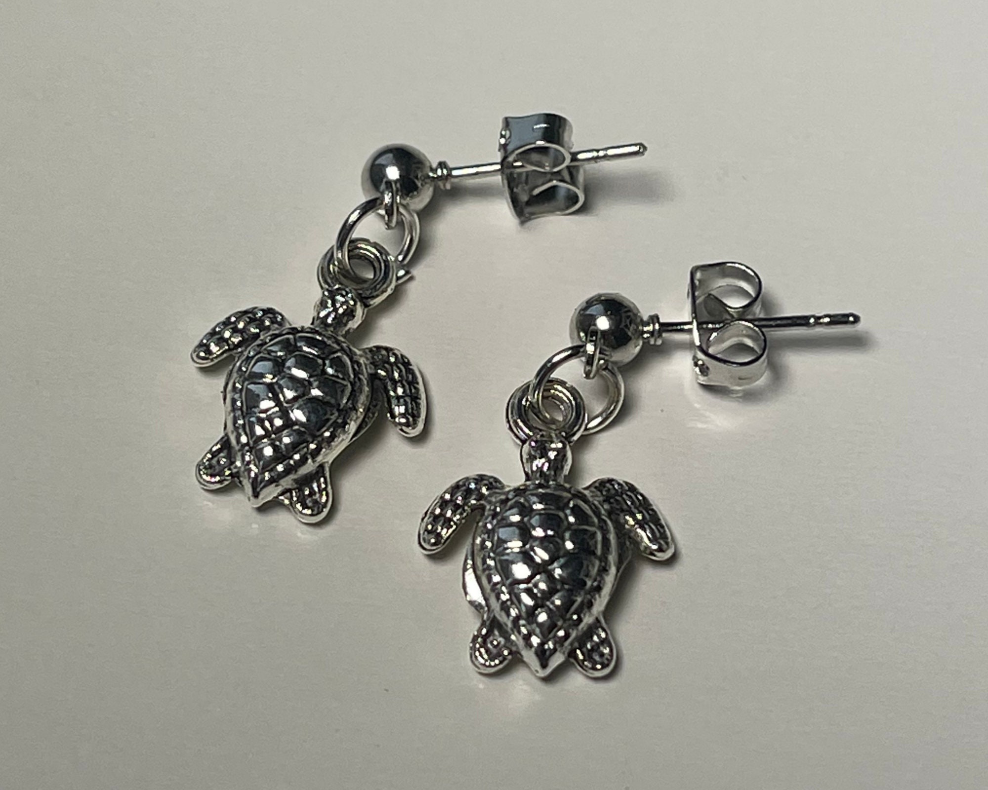 Sea Turtle Threader Charm Earrings in Silver Tone and Stainless Steel 