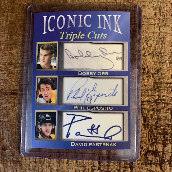 David Pastrnak Bobby Orr Phil Esposito boston bruins hockey trading card iconic ink triple cuts facsimile reprint signature only 1000 made