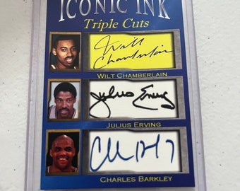 Basketball Julius Irving Wilt Chamberlain Charles Barkley iconic ink triple cuts w/ facsimile reprint signature only 1000 made w/ top load !