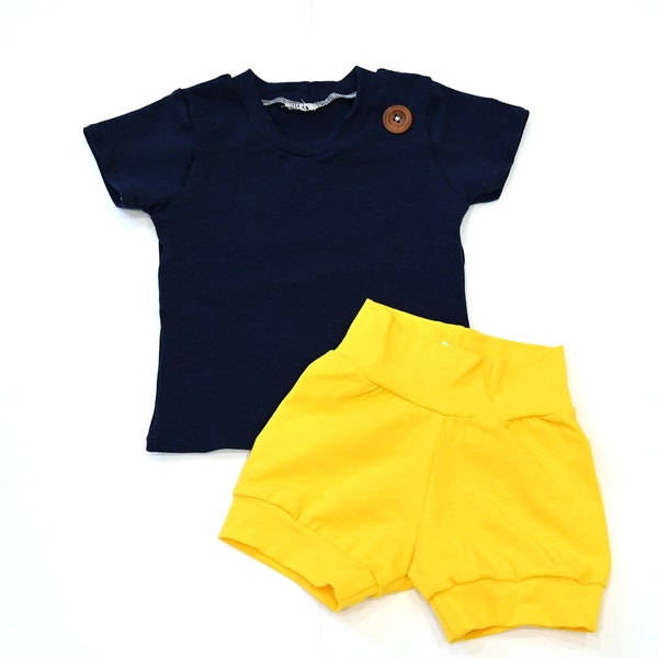 Sunshine Yellow Shorts-Solid Dark Navy Blue T-Shirt, High Waist Shorts, Baby Boy Shorts, Baby Girl Shorts, Toddler Shorts, Baby Shwoer Gift