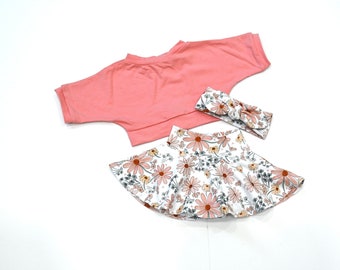 Floral Skirt Bummies Baby Girl Outfit, Toddler Outfit, Dusty Pink Crop Top, Hair Accessories, Take Home Outfit