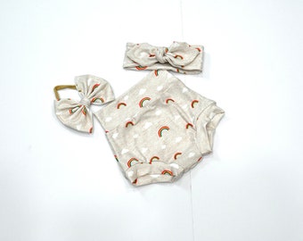 Regenboog hoge taille bummies - hoofdband-grote strik, peuter shorties, haaraccessoires, take-home-outfit