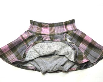 Bright Pink Olive Green and Gray Plaid Skirt Bummies, Toddler Girl Skirt, Take Home Skirt, Soft Baby Skirt, High Waist Skirt