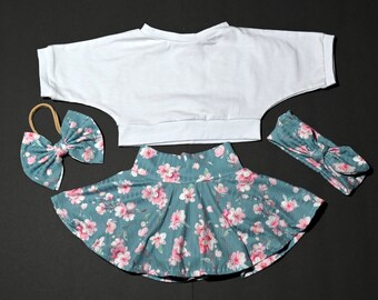 Gonna floreale a costine per bambina, top in maglia di cotone bianco, vestito per bambini, regalo per bambini, accessori per capelli