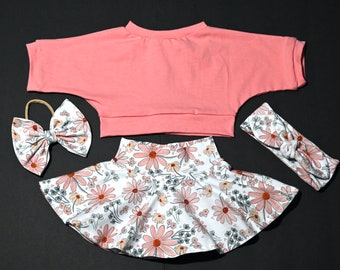 Falda floral Bummies traje de niña, traje de niño pequeño, top corto rosa polvoriento, accesorios para el cabello, traje para llevar a casa