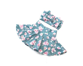 Gonna floreale Cherry Blossom in maglia a coste Bummies-Chunky Bow, vestito per bambini, set da portare a casa, accessori per capelli