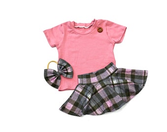 Falda a cuadros rosa brillante verde oliva y grisBummies-Camiseta rosa polvoriento-arco grande, traje de niño pequeño, traje de niña