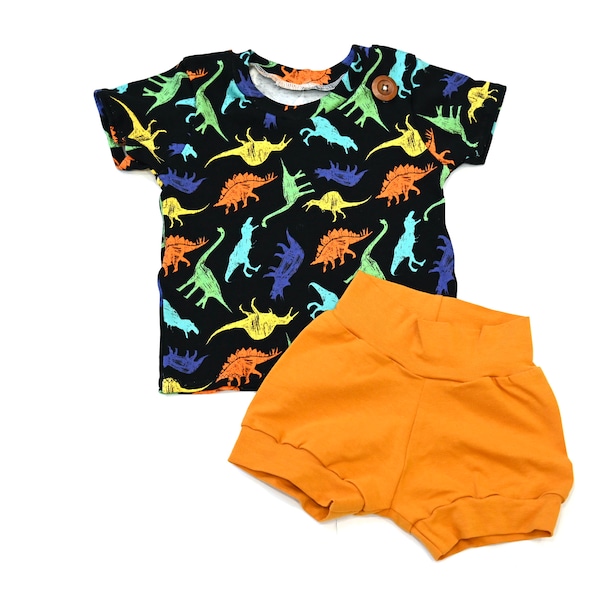 Solid Mustard Yellow Shorts- Dinosaur T-Shirt, Baby Boy Set, Toddler Shorts, High Waist Shorts, Baby Shower Gift