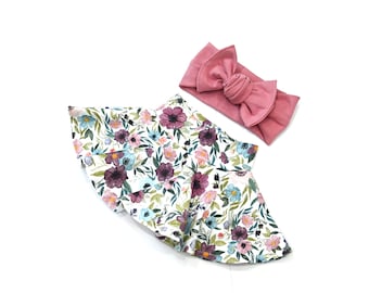 Falda de bebé floral Bummies-Lazo grueso rosa oscuro, conjunto para niños pequeños, conjunto para llevar a casa, regalo de baby shower