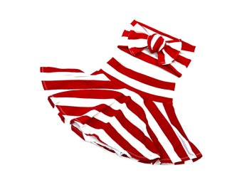 Falda de cintura alta de rayas blancas rojas Bummies-Lazo grueso, falda para niños pequeños, falda de bebé, accesorios para el cabello, falda para llevar a casa, regalo para bebés