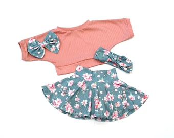 Baby Girl Rib Floral Skirt Bummies,  Dusty Pink Rib Knit Top, Toddler Outfit, Baby Gift, Hair Accessories