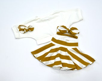 Stripe Skirt Bummies Outfit, Off White Crop Top, Hair Accessories, Take Home Outfit, Toddler Outfit, Baby Girl Outfit