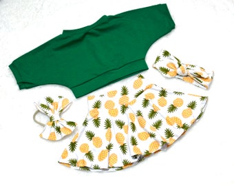 Pineapple Skirt Bummies Outfit, Kelly Green Crop Top, Toddler Outfit, Baby Girl Outfit, Take Home Outfit