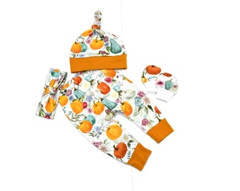 Pumpkin Floral Leggings Outfit, Hair Accessories, Newborn Outfit, Take Home Outfit, Fall Outfit, Pumpkin Outfit, Baby Gift