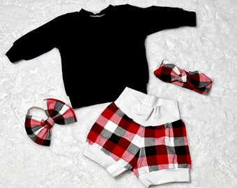 Red Black Cream Plaid Shorts Sweater Outfit, Hair Accessories, Toddler Outfit, Baby Outfit, Baby Boy Set, Baby Girl Outfit, Baby Gift