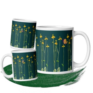Whimsical Floral Mug - Green Background - Printed Daisies and Butterflies - 15 oz or 11 oz