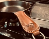 Hand Made Stitched Personalized Leather Handle Cover for Cast Iron Pans Skillets Wagner Ware Griswold - Brass D Ring