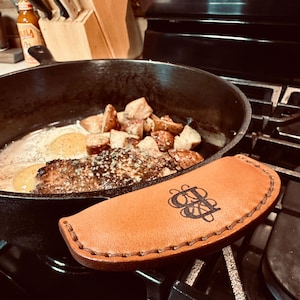 Handmade Leather Cast Iron Pot Holder - Helper Handle Holder - Personalized - Hand-Stitched Kitchen Accessory - Tan Leather