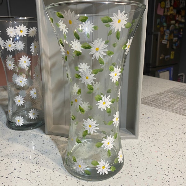 Hand Painted Glass modern Vase DAISY green leaves design Birthday Wedding Special gift Personalisation available