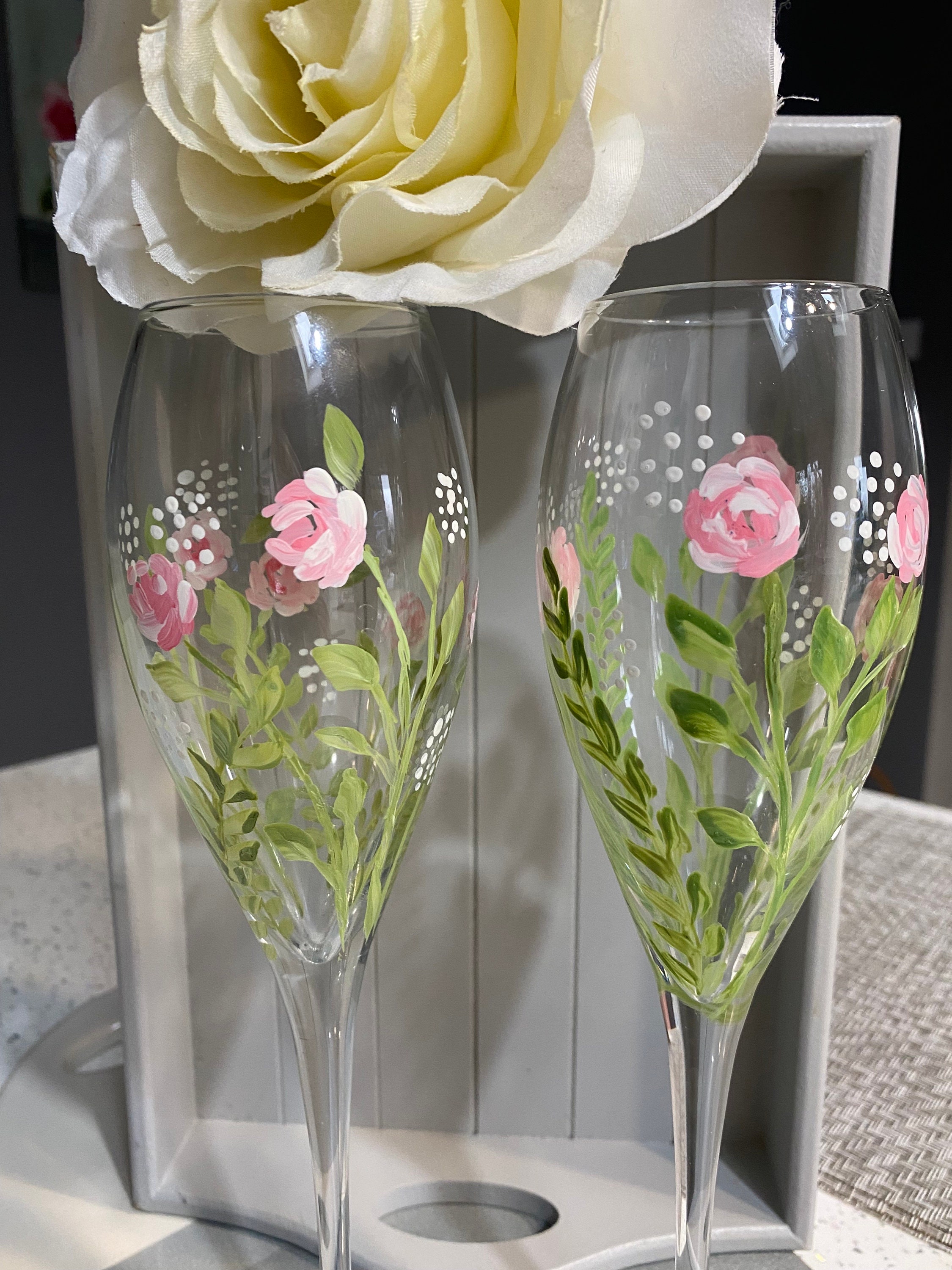 Hand Painted Champagne Flutes Glasses Wedding Roses Flowers Design ...