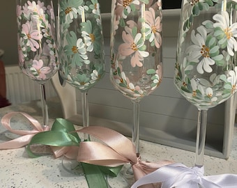 Hand Painted Champagne Flutes Glasses Modern Floral Design Special Gift Birthday Wedding Different colours