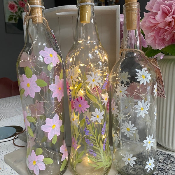 Contemporary Floral Meadow Daisy  Hand Painted Home Garden Light up Bottle with warm white lights