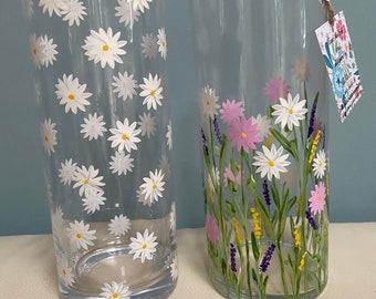 Modern Hand Painted Glass DAISY Vase Modern Cylinder Shape Birthday Wedding Mother’s Day Gift