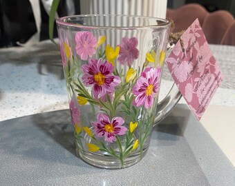 Hand Painted Cosmos Flowers  design Tea Mug Coffee Glass Hot Chocolate Mum Gift Birthday Friend gift Floral gift for HER